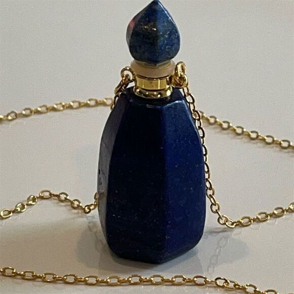 Lapis Lazuli Perfume Bottle Pendant Necklace‎ Gold Chain 20" Blue Stone - Picture 5 of 10